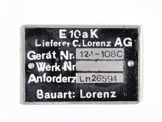 Typenschild Luftwaffe Empfänger E10ak, neuzeitliche REPRODUKTION