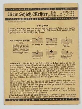 "Mein Schieß-Meister" Taschentafeln nach H Dv. 240 Stand April 1939, 16 x 12 cm