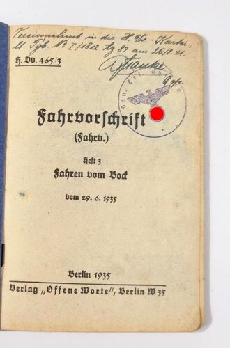 H.Dv.465/3 "Fahrvorschrift Heft 3 Fahren vom Bock...