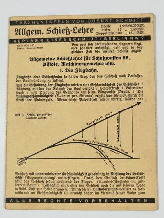 "Allgem. Schieß-Lehre" Taschentafeln nach H Dv. 240 Stand Sommer 1939, 16 x 12 cm
