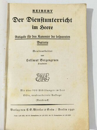 "Der Dienstunterricht im Heer - Ausgabe für den Kanonier (bespannt)", Jahrgang 1939, 319 Seiten, DIN A5, gebraucht, Stockflecken