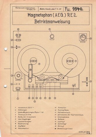 "Magnetophon ( AEG ) RE2, Betriebsanweisung" DIN A4 Blatt der Heeresnachrichtenschule II