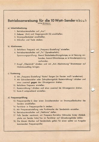 "Betriebsanweisung für die 100 Watt Sender a,b,c und h"" DIN A4 Blatt der Heeresnachrichtenschule II