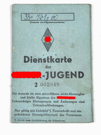 Dienstkarte der Hitler Jugend für einen Angehörigen aus Sterkrade, ausgestellt 1944