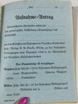 "Deutsches Geschlechterbuch" Werbeschrift mit Aufnahmebedingungen und Probe, 115 Seiten, datiert 1938