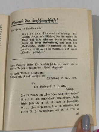 "Deutsches Geschlechterbuch" Werbeschrift mit Aufnahmebedingungen und Probe, 115 Seiten, datiert 1938