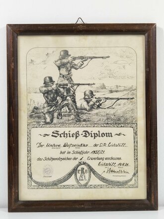 Bayrische Polizeivorschule Eichstätt, " Schieß Diplom" hat im Schießjahr 1928/29 das Schutzenabzeichen 1.Erwerbung erschossen. 40 x 50cm, Originalgerahmt