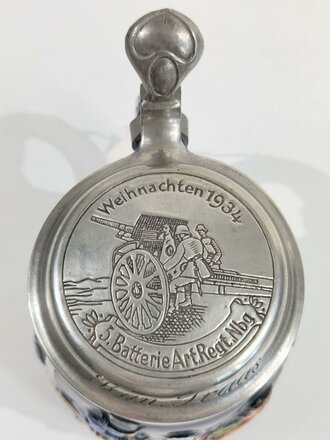 Erinnerungskrug 0,5 Liter "5.Batterie Art.Rgt.Nbg. Weihnachten 1934 ". Unbeschädigt, gebraucht