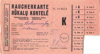 Raucherkarte, Deutsch/Litauisch, Gültig von 1942.XII.28 - 1943.III.28