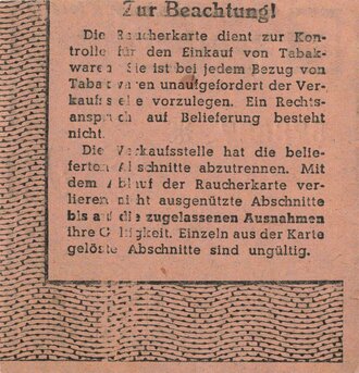 Raucherkarte Landeswirtschaftsamt Wiesbaden, Gültig vom 29.5 bis 25.6.1944