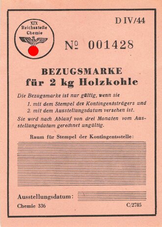 Bezugsmarke für 2 kg Holzkohle, DIV/44