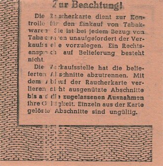 Raucherkarte Landeswirtschaftsamt Wiesbaden, Gültig vom 29.5 bis 25.6.1944