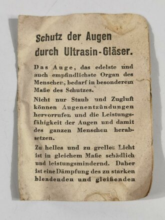 Beizettel zur allgemeinen Schutzbrille der Wehrmacht mit Ultrasin Gläsern. Druckvermerk von 1942