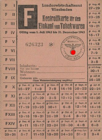 Kontrollkarte für den Einkauf von Tabakwaren, Gültig vom 1.Juli 1943 bis 31. Dezember 1943