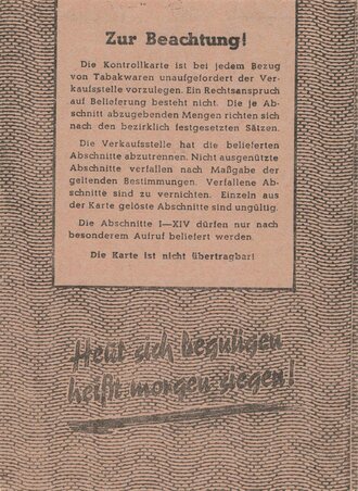 Kontrollkarte für den Einkauf von Tabakwaren, Gültig vom 1.Juli 1943 bis 31. Dezember 1943