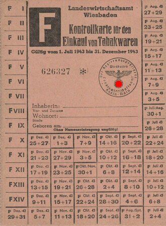 Kontrollkarte für den Einkauf von Tabakwaren,...