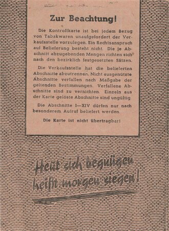 Kontrollkarte für den Einkauf von Tabakwaren, Gültig vom 1.Juli 1943 bis 31. Dezember 1943