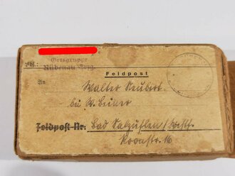 Leere Flasche " Deutscher Weinbrand Verschnitt" im Feldpostpaket , Absender NSDAP Ortsgruppe Rübenau