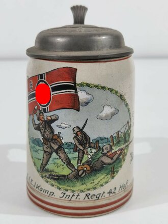 Bierkrug 0,5 Liter " Erinnerung an meine Dienstzeit 16. ( E. ) Komp. Infanterie Regiment 42 Hof" unbeschädigtes Stück , nicht gereinigt
