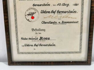 Wehrmachtgefängniss Germersheim, original gerahmte Bestallungsurkunde zum Feldwebel eines Angehörigen des Aufsichtspersonal . Datiert 1941, Maße des Rahmen 22x32cm