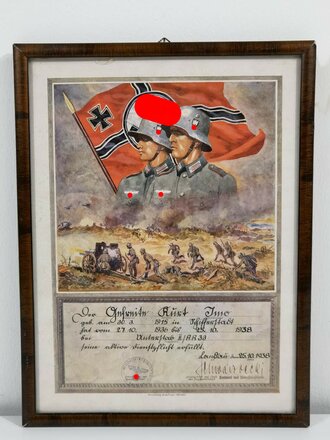 Dienstzeiturkunde für einen Angehörigen im Artillerie Regiment 33 von 1938. Original gerahmt, Maße des Rahmens 32 x 42cm