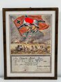 Dienstzeiturkunde für einen Angehörigen im Artillerie Regiment 33 von 1938. Original gerahmt, Maße des Rahmens 32 x 42cm