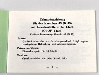 REPRODUKTION D 1865/2 "Karabiner 43 (K 43) mit Gewehr-Zielfrnrohr 4-fach (Gw ZF 4-fach) Gebrauchsanleitung", 32 Seiten, 10,5 x 7,3 cm