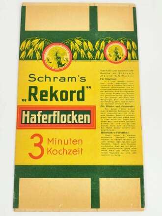 Verpackung "  Schram´s Rekord Haferflocken "  Maße  13 x 23 cm, ungebrauchtes Firmenmuster