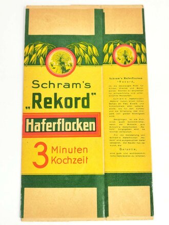 Verpackung "  Schram´s Rekord Haferflocken "  Maße  13 x 23 cm, ungebrauchtes Firmenmuster