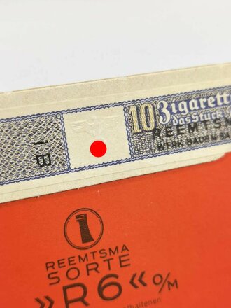 Schachtel Zigaretten "Reemtsma R6" ungeöffnet , Steuerbanderole mit Hakenkreuz, Eine ( 1 ) Schachtel aus der originalen Umverpackung