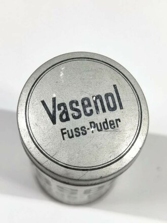 Dose " Vasenol Fuss-Puder" Armee Packung. Eine ( 1 ) Dose aus der originalen Umverpackung, ungereinigt, zum Teil mit leichten Dellen