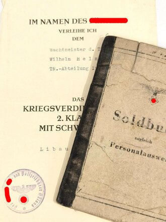 Technische Nothilfe, Soldbuch vom 12.8.1941, Kriegsverdienstkreuz 2.Klasse mit Schwertern verliehen am 30.1.45, "Die Voraussetzungen zur Verleihung des Ärmelbandes Kurland sind erfüllt"