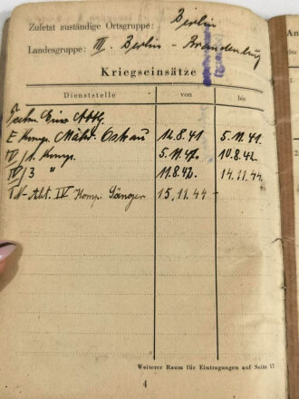 Technische Nothilfe, Soldbuch vom 12.8.1941, Kriegsverdienstkreuz 2.Klasse mit Schwertern verliehen am 30.1.45, "Die Voraussetzungen zur Verleihung des Ärmelbandes Kurland sind erfüllt"