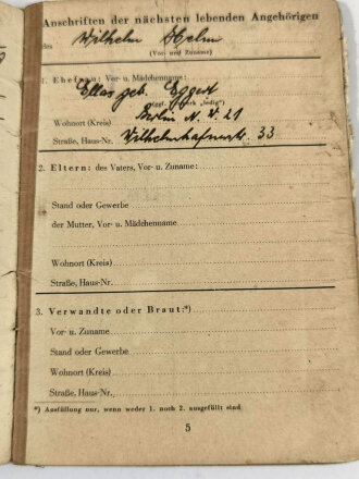 Technische Nothilfe, Soldbuch vom 12.8.1941, Kriegsverdienstkreuz 2.Klasse mit Schwertern verliehen am 30.1.45, "Die Voraussetzungen zur Verleihung des Ärmelbandes Kurland sind erfüllt"