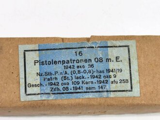 Pappschachtel für " 16 Pistolenpatronen 08" datiert 1942