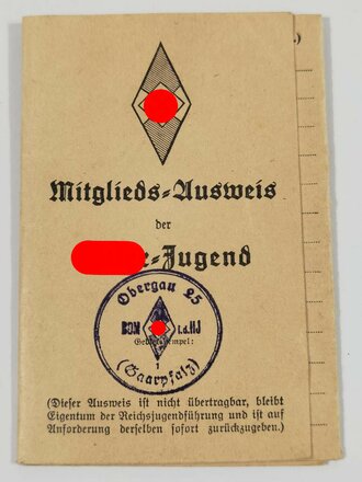 Mitglieds Ausweis der Hitler Jugend für eine BDM Angehörige im Obergau 25 Saarpfalz