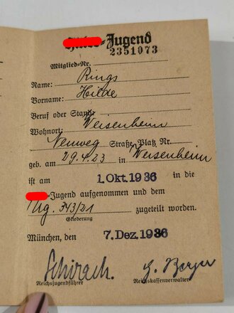 Mitglieds Ausweis der Hitler Jugend für eine BDM Angehörige im Obergau 25 Saarpfalz