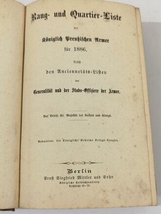 Rang- und Quartier Liste der königlich Preußischen Armee für 1886 mit 977 Seiten