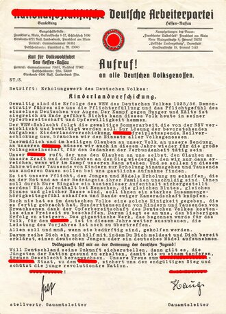 NSDAP "Aufruf! Betrefft: Kinderlandverschickung", datiert 1935/36, über DIN A4, geknickt