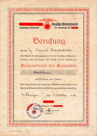 Gau Mainfranken Urkunde "Berufung Gemeinderat der Gemeinde Nordheim", datiert 1935, DIN A4, geknickt und fleckig