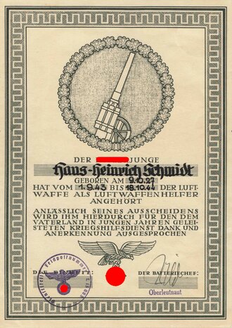 Anerkennungsurkunde für einen Angehörigen der Hitler Jugend bzgl. seiner Zugehörigkeit zur Luftwaffe als Luftwaffenhelfer, datiert 1944