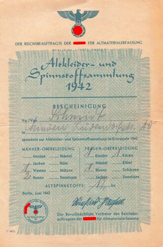 "Altkleider- und Spinnstoffsammlung 1942" Bescheinigung, DIN A6
