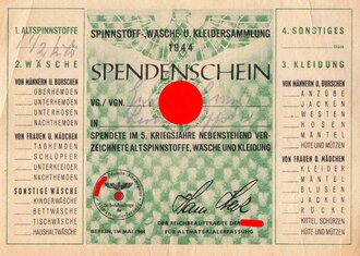"Spinnstoff-, Wäsche- u. kleidersammlung 1944" Spendenschein, DIN A6