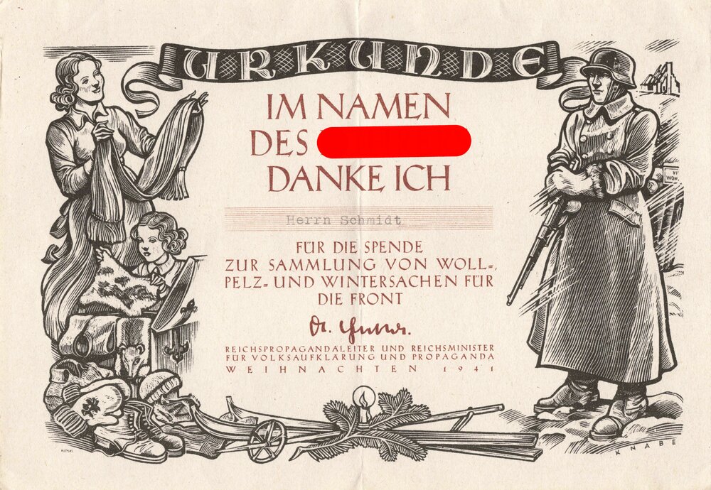 Weihnachten 1941, "Urkunde im Namen des Führers", Sammlung Winterklei