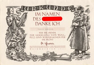 Weihnachten 1941, "Urkunde im Namen des Führers", Sammlung Winterkleidung für die Front, DIN A5