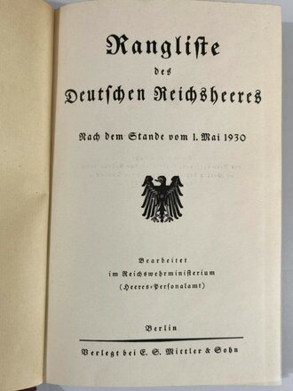 "Rangliste des Deutschen Reichsheeres" datiert 1930, ca. 250 Seiten, gebraucht, ca. DIN A5