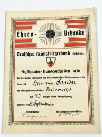 Deutscher Reichskriegerbund Kyffhäuser, Ehrenurkunde anlässlich des Kyffhäuser Bundesschiessen 1936. Maße 24 x 32cm, mehrfach gefaltet