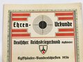 Deutscher Reichskriegerbund Kyffhäuser, Ehrenurkunde anlässlich des Kyffhäuser Bundesschiessen 1936. Maße 24 x 32cm, mehrfach gefaltet
