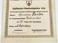 Deutscher Reichskriegerbund Kyffhäuser, Ehrenurkunde anlässlich des Kyffhäuser Bundesschiessen 1936. Maße 24 x 32cm, mehrfach gefaltet