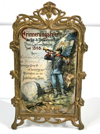 Bayern, Einladung zur Teilnahme an der  "Erinnerungsfeier des Kgl.3. Infanterie Regiment Prinz Carl von Bayern Juni 1898" In Jugendstil Aufstellrahmen